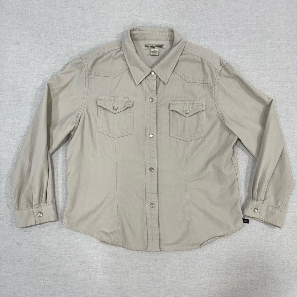 Ralph Lauren Polo Jeans Western Beige Button Down Womens Large Pearl Snap